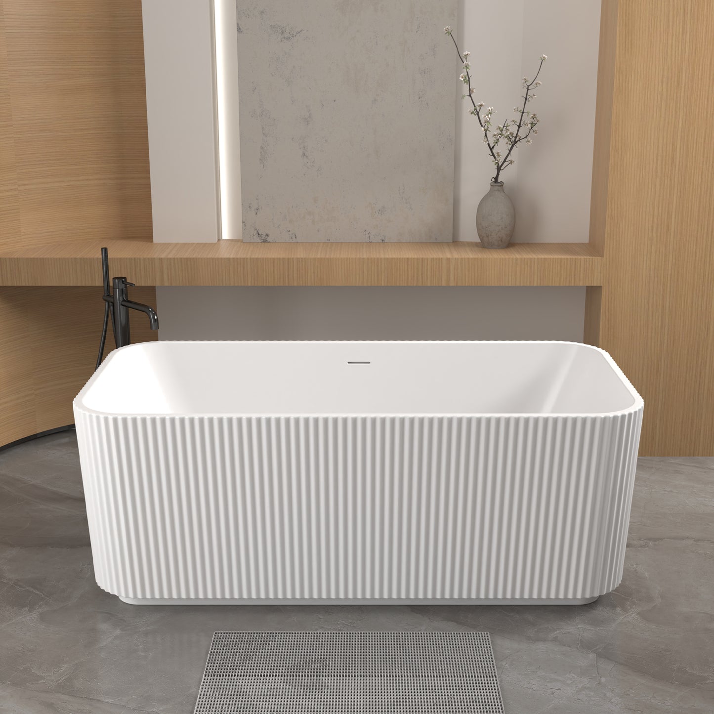 59"Rectangle Linear Acrylic Freestanding Bathtub Stand Alone Soaker Tub, Glossy White Acrylic, POP-UP Chrome Drain, cUPC Certified, image 1