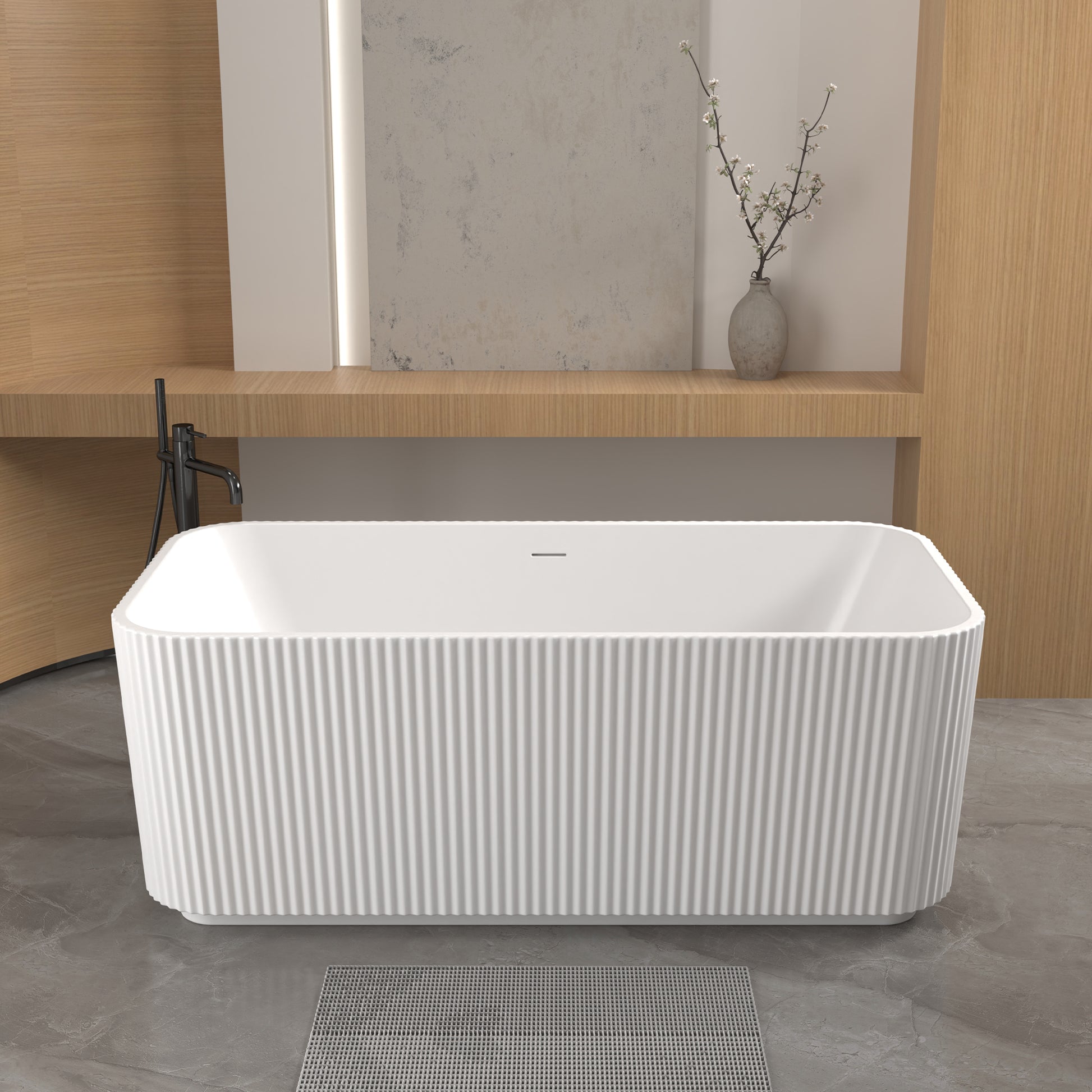 59"Rectangle Linear Acrylic Freestanding Bathtub Stand Alone Soaker Tub, Glossy White Acrylic, POP-UP Chrome Drain, cUPC Certified, image 1