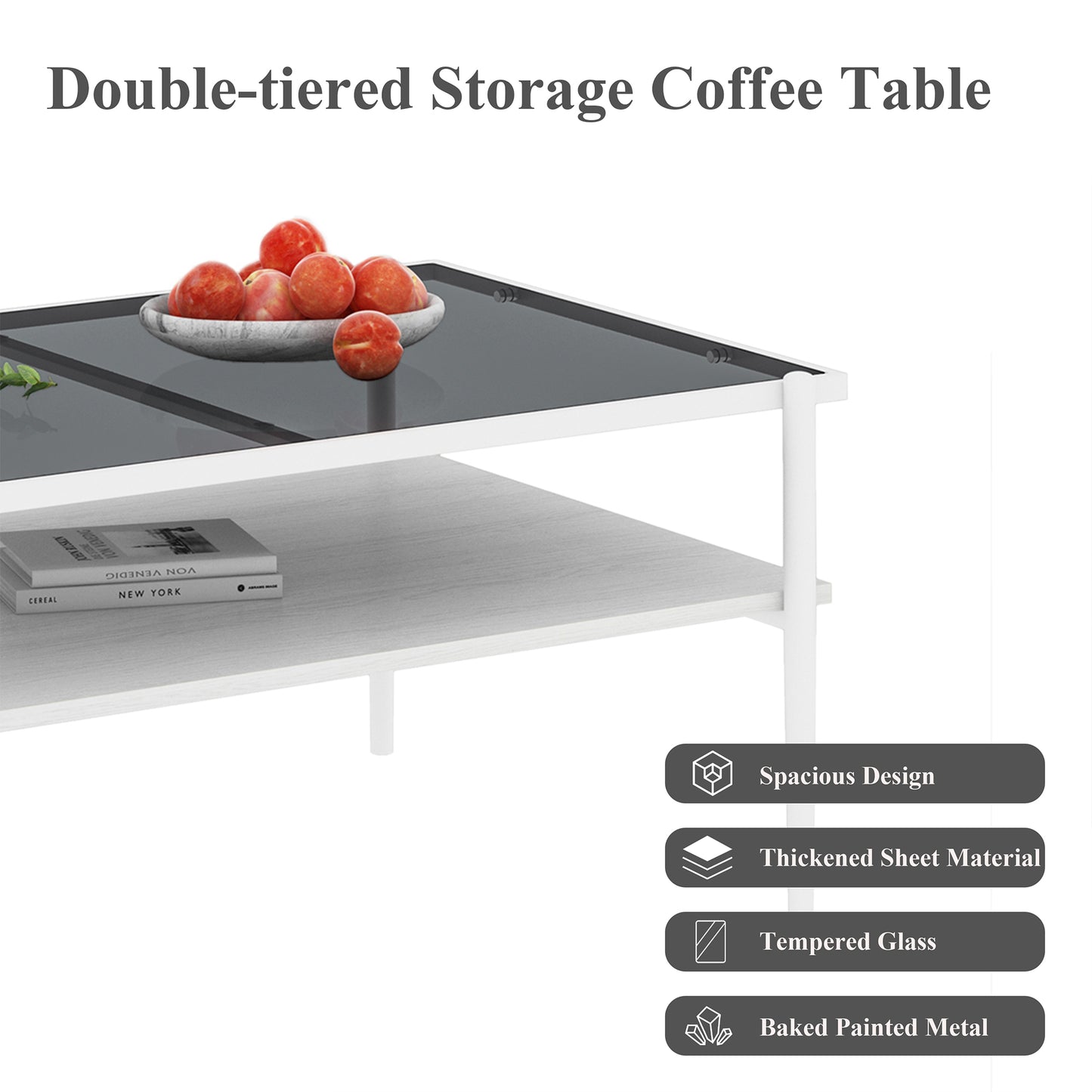 Rectangle Coffee Table with Gray Tempered Glass top and White Legs, Modern Table for Living Room image 7