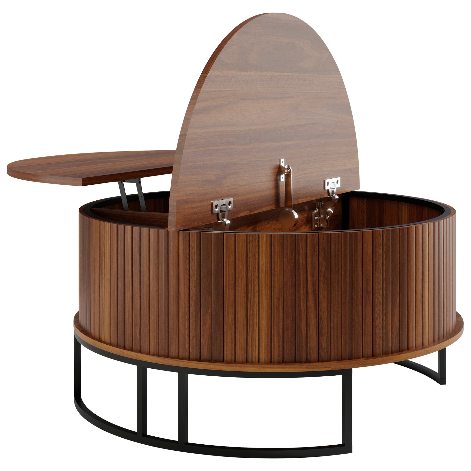 31.5" Round Coffee Table with Storage,Fluted Lift Top Center Table, Midcentury Modern Flip-top Curved Table for Living Room,Walnut image 10