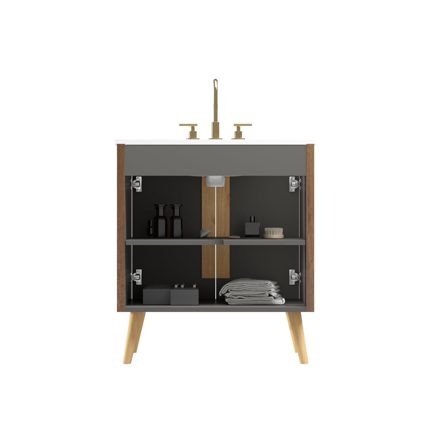 Etna 30"F Striped Walnut Bathroom Vanity with Carrara White Sink, Freestanding & Wall Mounted Bathroom Cabinet Options for Modern Bathrooms, KD image 7