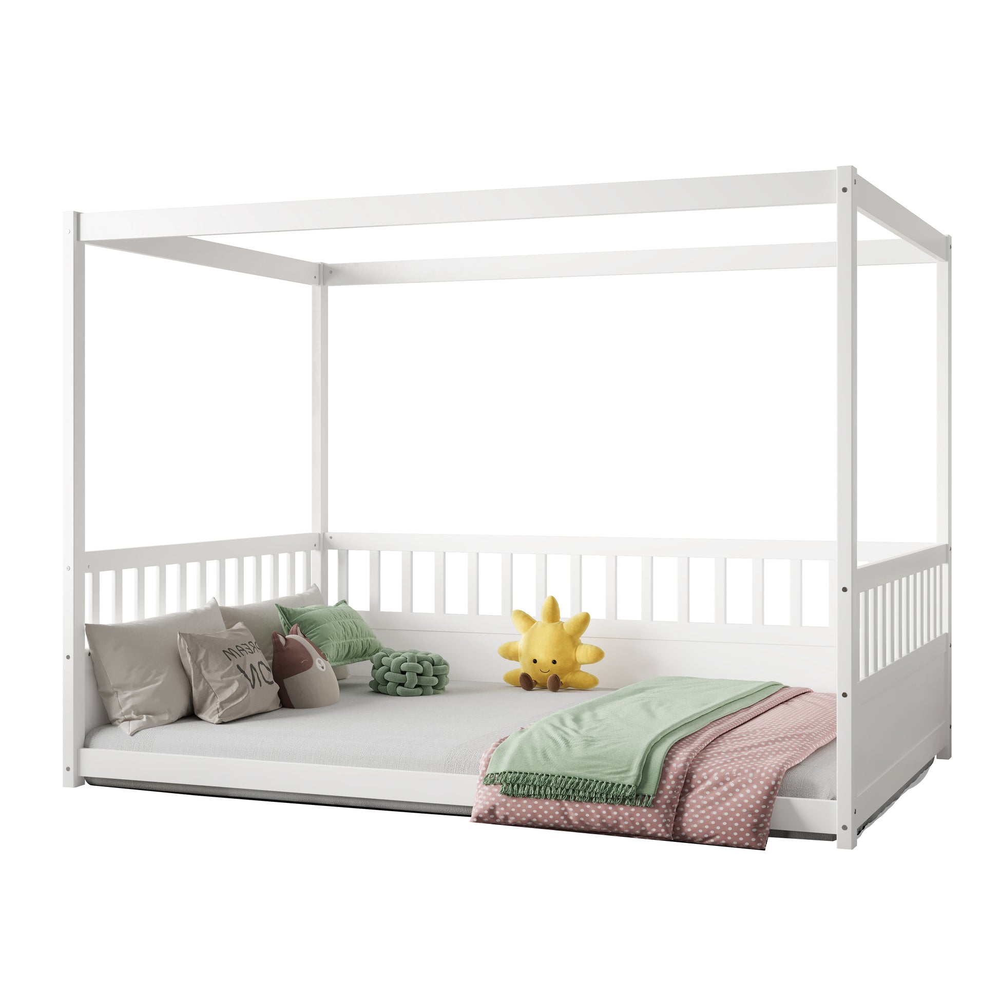 Full Size Canopy Bed Frame with Guardrails for Kids,Floor Bed Full with Four Poster Design,Kids Montessori Floor Bed,Wood Canopy Bed Frame for Girls,Boys(Full,White) image 4