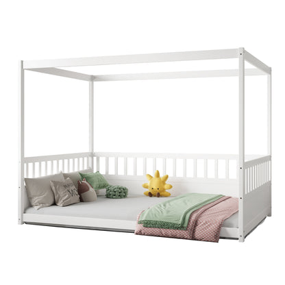 Full Size Canopy Bed Frame with Guardrails for Kids,Floor Bed Full with Four Poster Design,Kids Montessori Floor Bed,Wood Canopy Bed Frame for Girls,Boys(Full,White) image 4