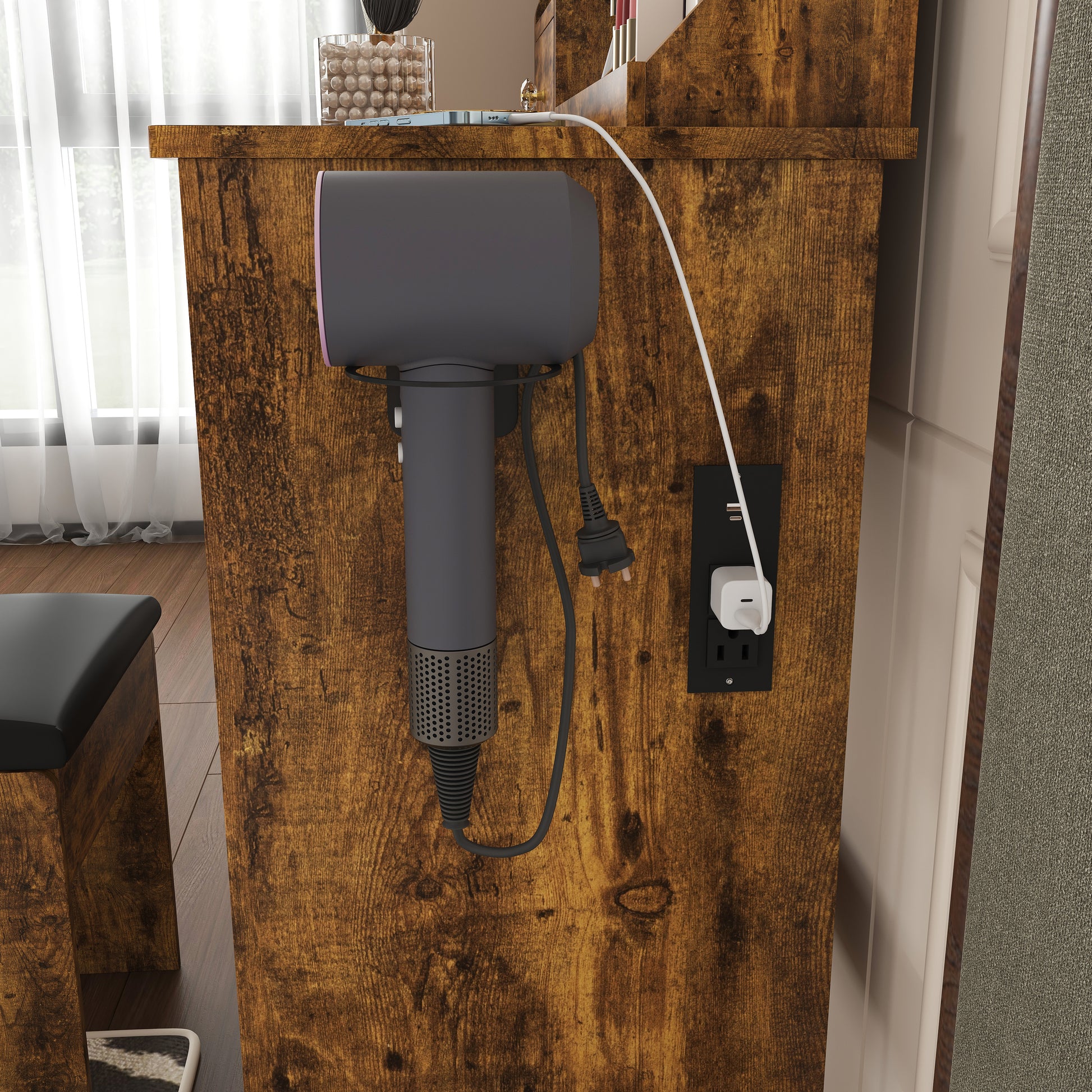 Modern small Vanity Desk,featuring 3 modes of LED lighting with adjustable brightness, 3 drawers and multiple open storage shelves, a hair dryer holder and power socket, and a dressing chair. brown image 10