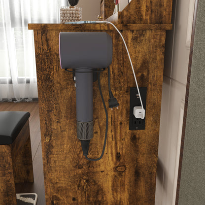 Modern small Vanity Desk,featuring 3 modes of LED lighting with adjustable brightness, 3 drawers and multiple open storage shelves, a hair dryer holder and power socket, and a dressing chair. brown image 10