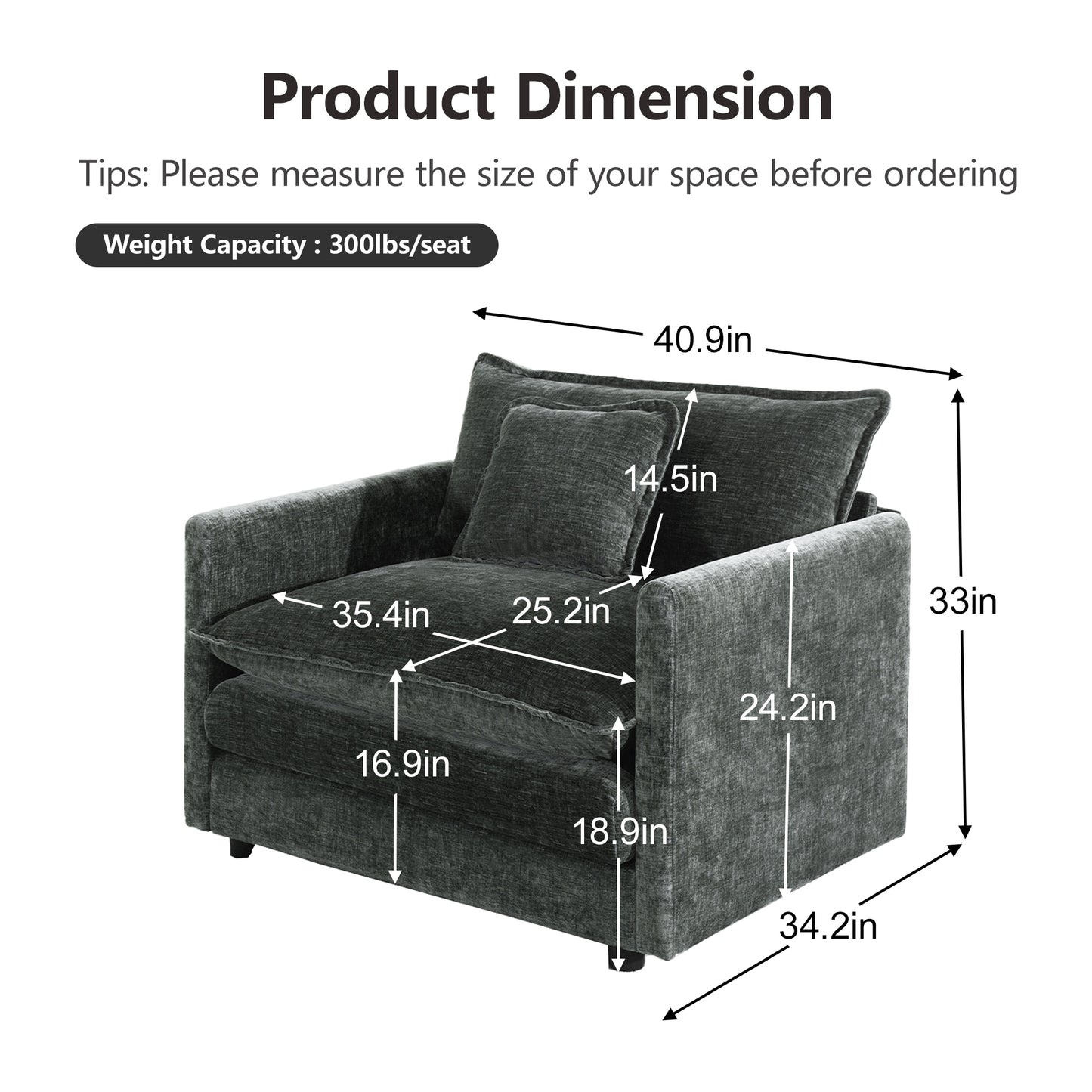 Comfy Deep Single Seat Sofa Upholstered Reading Armchair Living Room Chair Gray Chenille Fabric, 1 Toss Pillow image 6