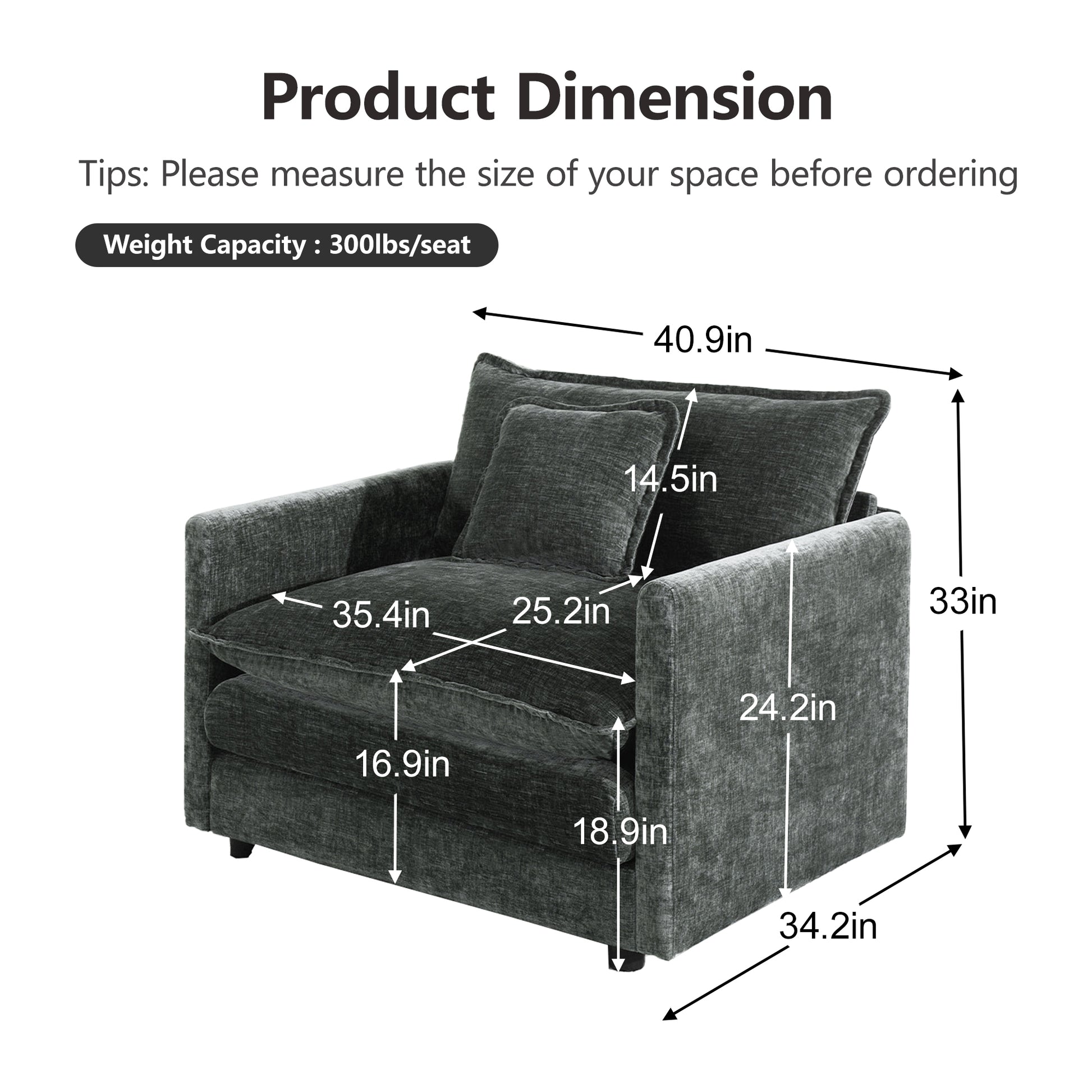Comfy Deep Single Seat Sofa Upholstered Reading Armchair Living Room Chair Gray Chenille Fabric, 1 Toss Pillow image 6