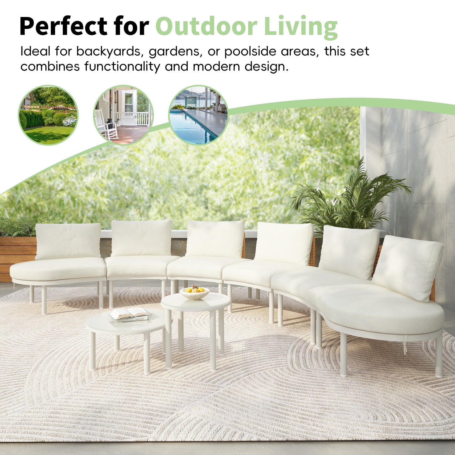 TOPMAX 8-Piece Patio Sofa Furniture Set, Half Moon Outdoor Sectional Sofa with 2 High-Low Coffee Tables, PE Wicker Rattan, Tempered Glass, 6 Pillows & Cushions, for Backyard, Garden, Poolside,Beige image 5