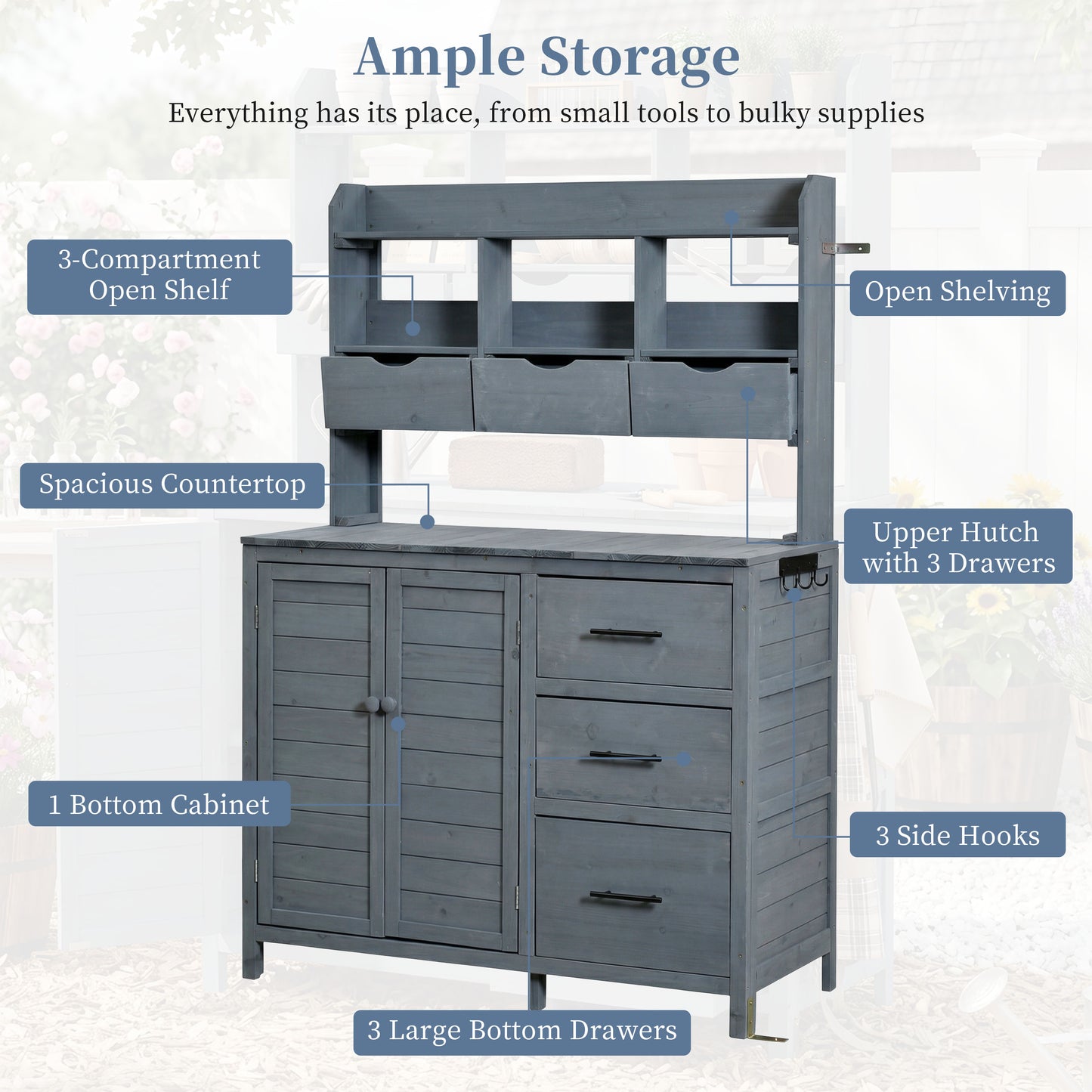 (With Assembly Video) TOPMAX Farmhouse Patio Potting Bench, 44.6''x19.5'' Large Freestanding Garden Workstation with 6 Drawers, Bottom Cabinet and Side Hook, Outdoor Kitchen Island, Gray image 5