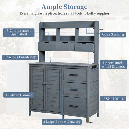 (With Assembly Video) TOPMAX Farmhouse Patio Potting Bench, 44.6''x19.5'' Large Freestanding Garden Workstation with 6 Drawers, Bottom Cabinet and Side Hook, Outdoor Kitchen Island, Gray image 5