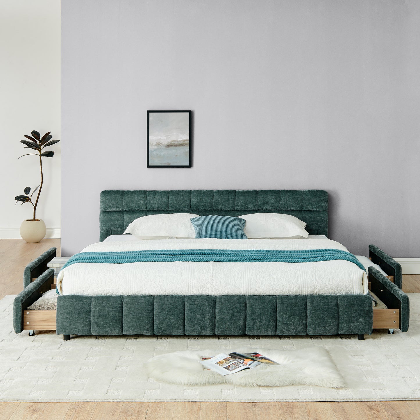 King Size Upholstered Bed,comfortable upholstered bed frame, Chenille fabric, with headboard and solid bed frame. With drawer for storage-green(88.5''*85.5''*31'') image 5