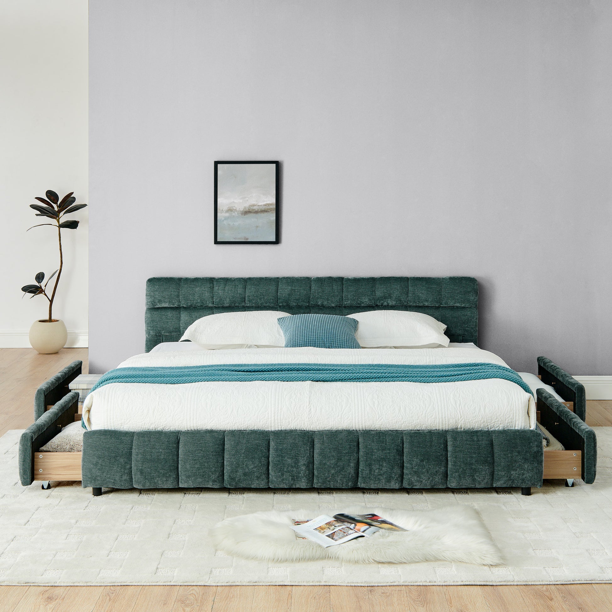 King Size Upholstered Bed,comfortable upholstered bed frame, Chenille fabric, with headboard and solid bed frame. With drawer for storage-green(88.5''*85.5''*31'') image 5