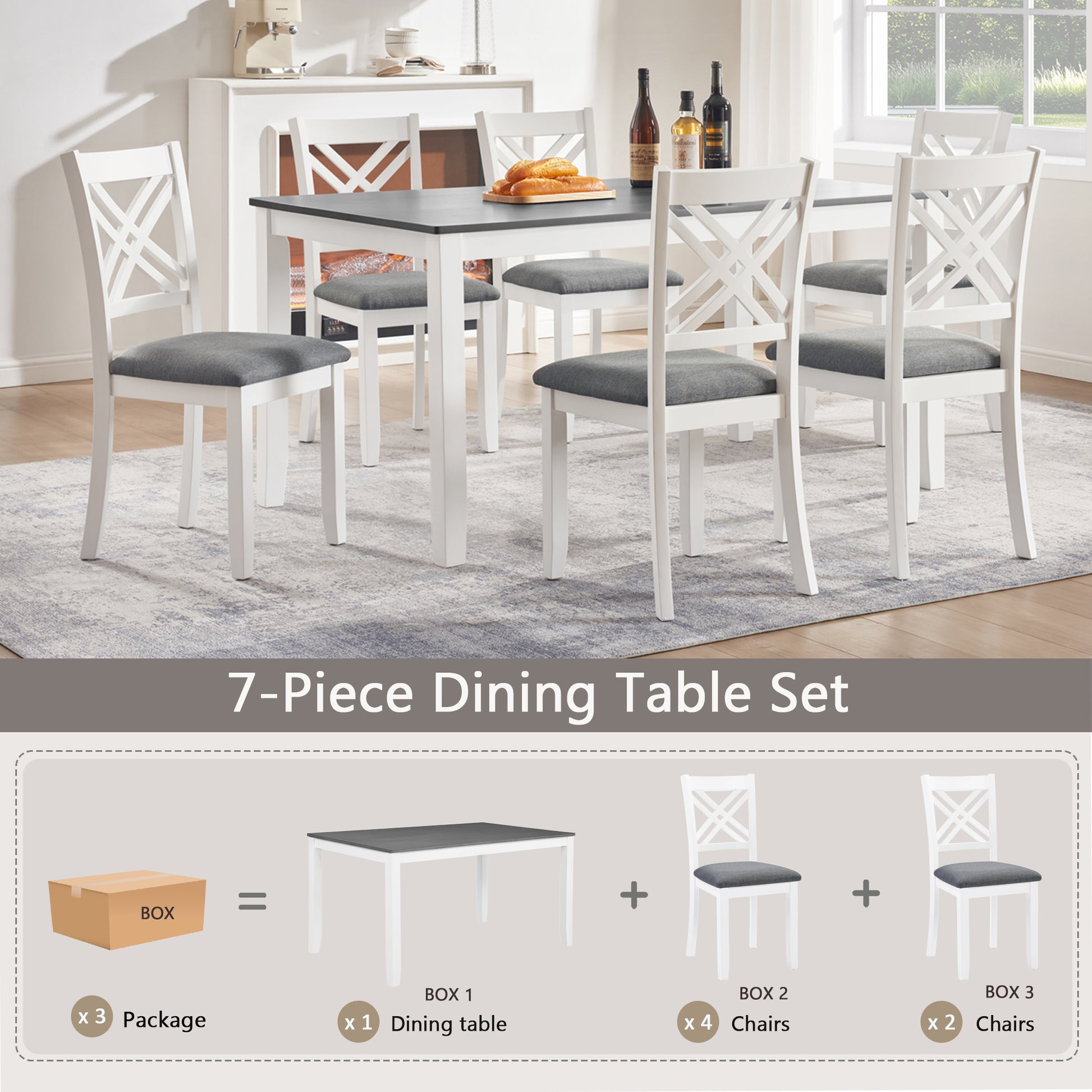 Modern 7-Piece Solid Wood Dining Set with 6 Upholstered Chairs – Grey & White Two-Tone Rectangular Table for 6, Space-Saving Kitchen & Dining Room Set, Easy Assembly image 5