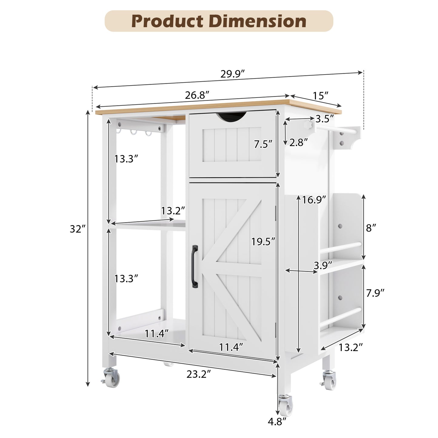 Kitchen Island Cart with Mobile Carts with Storage Cabinet, Rolling Kitchen Table with Spice Rack, Towel Rack, and Drawer, Portable Islands on Wheels, White image 3