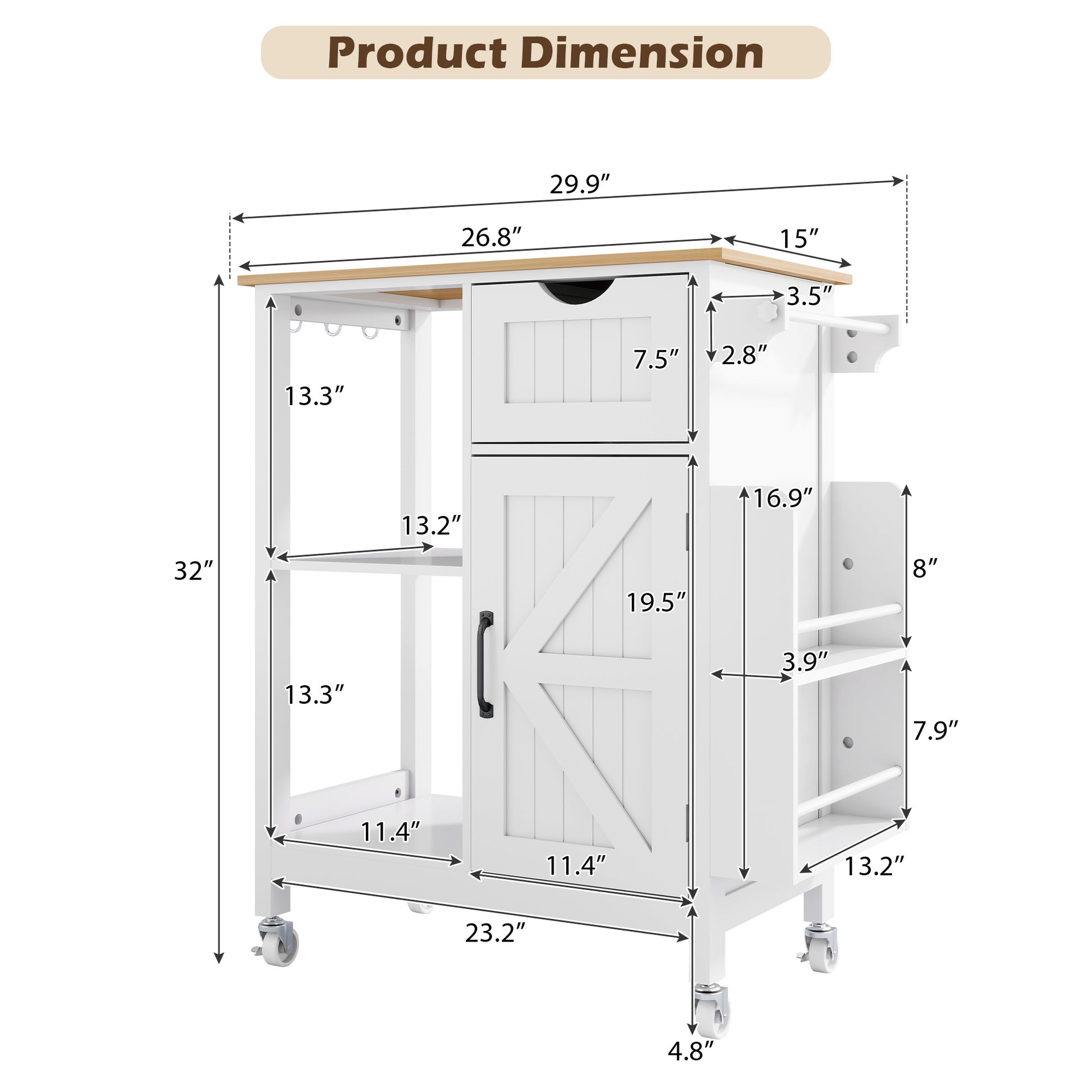 Kitchen Island Cart with Mobile Carts with Storage Cabinet, Rolling Kitchen Table with Spice Rack, Towel Rack, and Drawer, Portable Islands on Wheels, White image 3