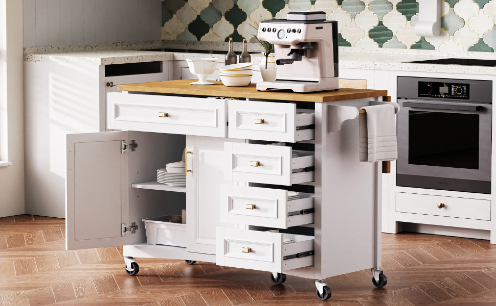 K&K 52'' Kitchen Island with Drop Leaf, Embossed Texture Kitchen Island on Wheels with Spice Rack, Towel Rack, 2 Doors and 5 Drawers, Kitchen Storage Cart with Adjustable Shelf for Kitchen, White image 4