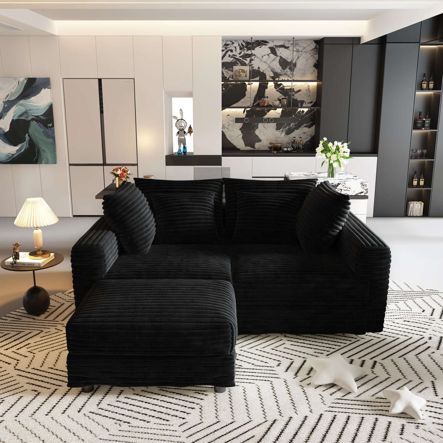 102.4 "Plush Corduroy 4-Seat Sofa,Modern Comfy Upholstered Sofa Cloud Couch,Deep Seat Couches with Soft Pillows and Movable Ottoman,Convertible Sofa Lounge Chair,Black(Old SKU:W1885S00277) image 6