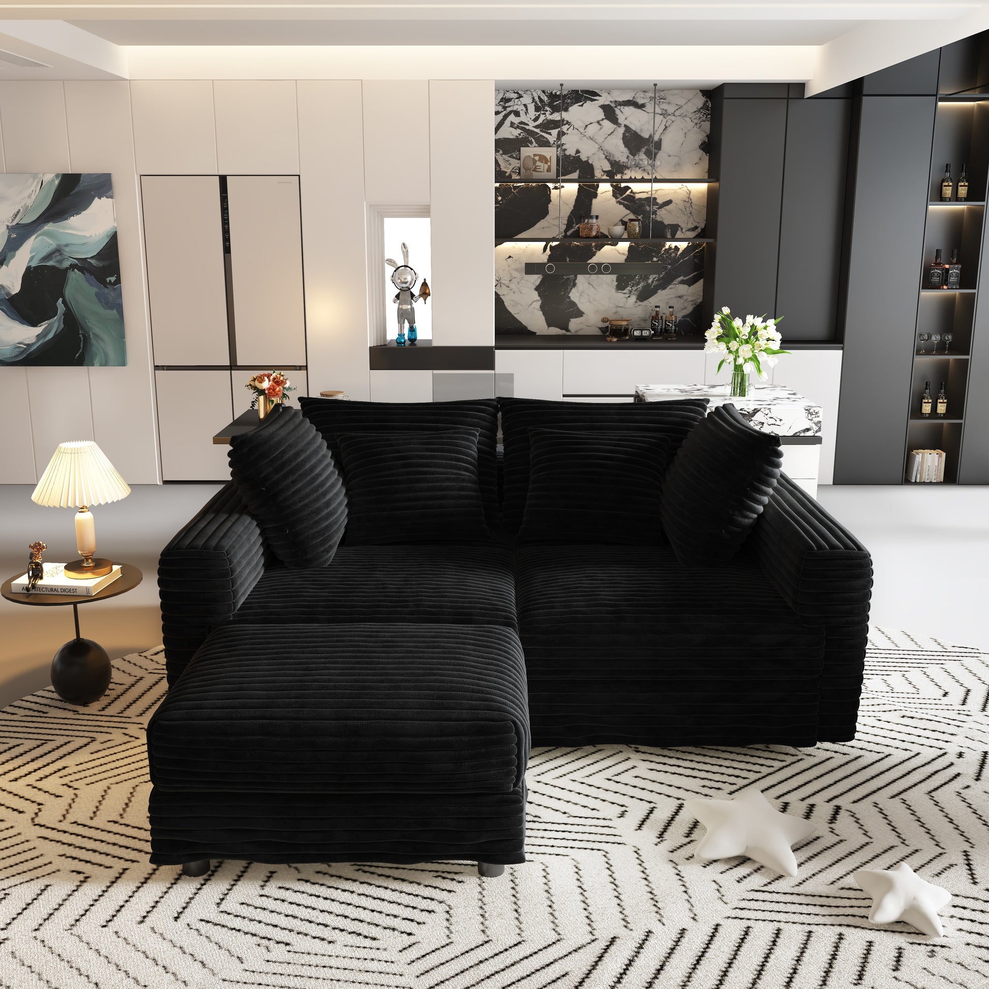 102.4 "Plush Corduroy 4-Seat Sofa,Modern Comfy Upholstered Sofa Cloud Couch,Deep Seat Couches with Soft Pillows and Movable Ottoman,Convertible Sofa Lounge Chair,Black(Old SKU:W1885S00277) image 6