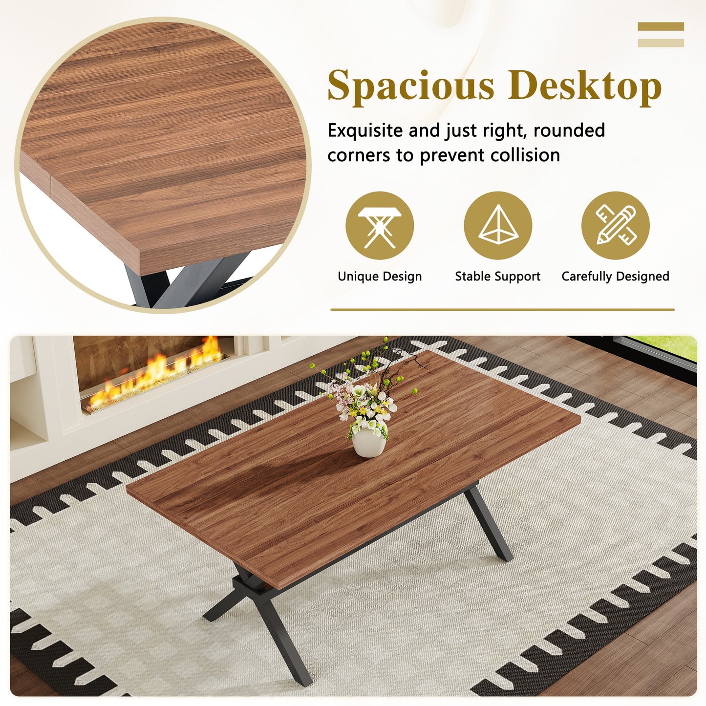 Table and chair set. 71 * 35.4 inch walnut MDF splicing desktop with X-shaped metal frame dining table.Includes 6 white PU dining chairs With Black Metal Legs.Making it an ideal choice for home. image 9