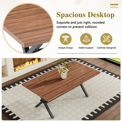 Table and chair set. 71 * 35.4 inch walnut MDF splicing desktop with X-shaped metal frame dining table.Includes 6 white PU dining chairs With Black Metal Legs.Making it an ideal choice for home. image 9