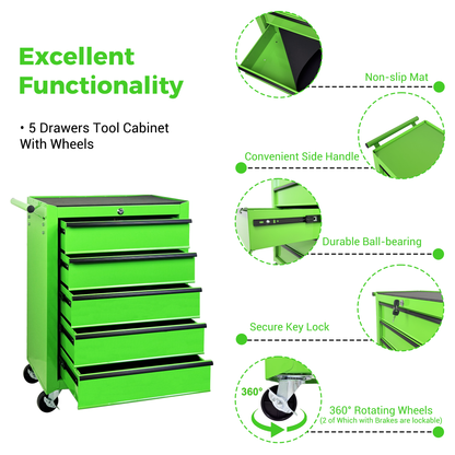 Rolling Metal Tool Chest with 5 Drawers, 20" 5-Drawer Tool Chest Cabinet with Ball Bearing Drawer Slides, Steel Tool Storage Box Organizer -GREEN image 10