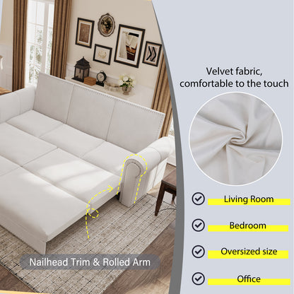 Chesterfield Sofa,93.7" King Pull Out Sofa Bed,3-in-1 Velvet Convertible Sleeper Sofa with Nailhead Trim & Rolled Arm,Multi-Functional Sofa Bed for Living Room,Bedroom,Beige/White(old sku:W1885S00036) image 8