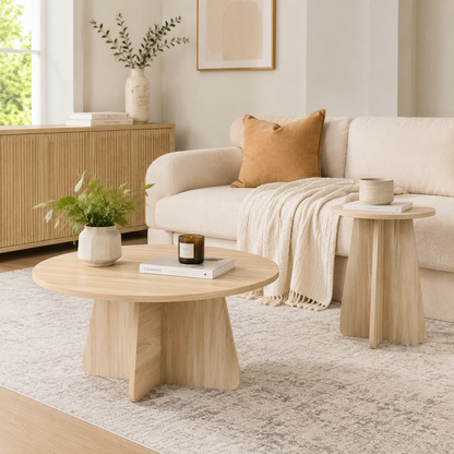 Retro-style nesting coffee table set. Available in walnut or natural wood finishes. Round nesting side tables with crisscross legs. Ideal for living rooms and dining rooms. image 11