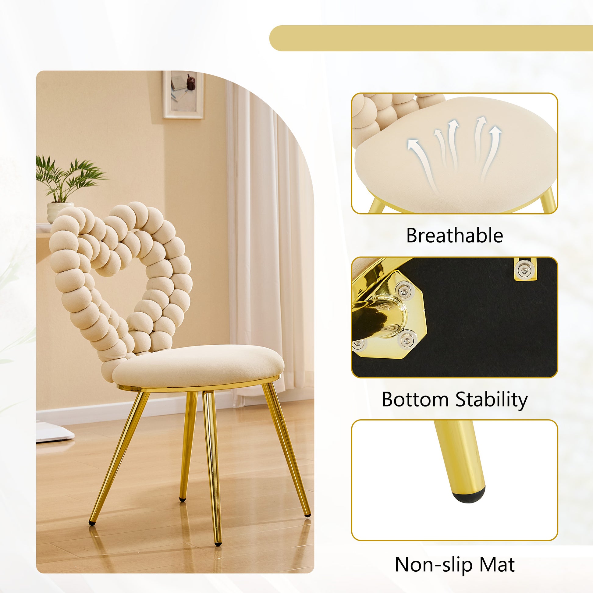 Set of 2 Unique Heart Bubble Tufted Accent Chair, Plush Velvet Chair with Shiny Gold Metal Frame, Cute & Modern Seating for Home Decor image 9