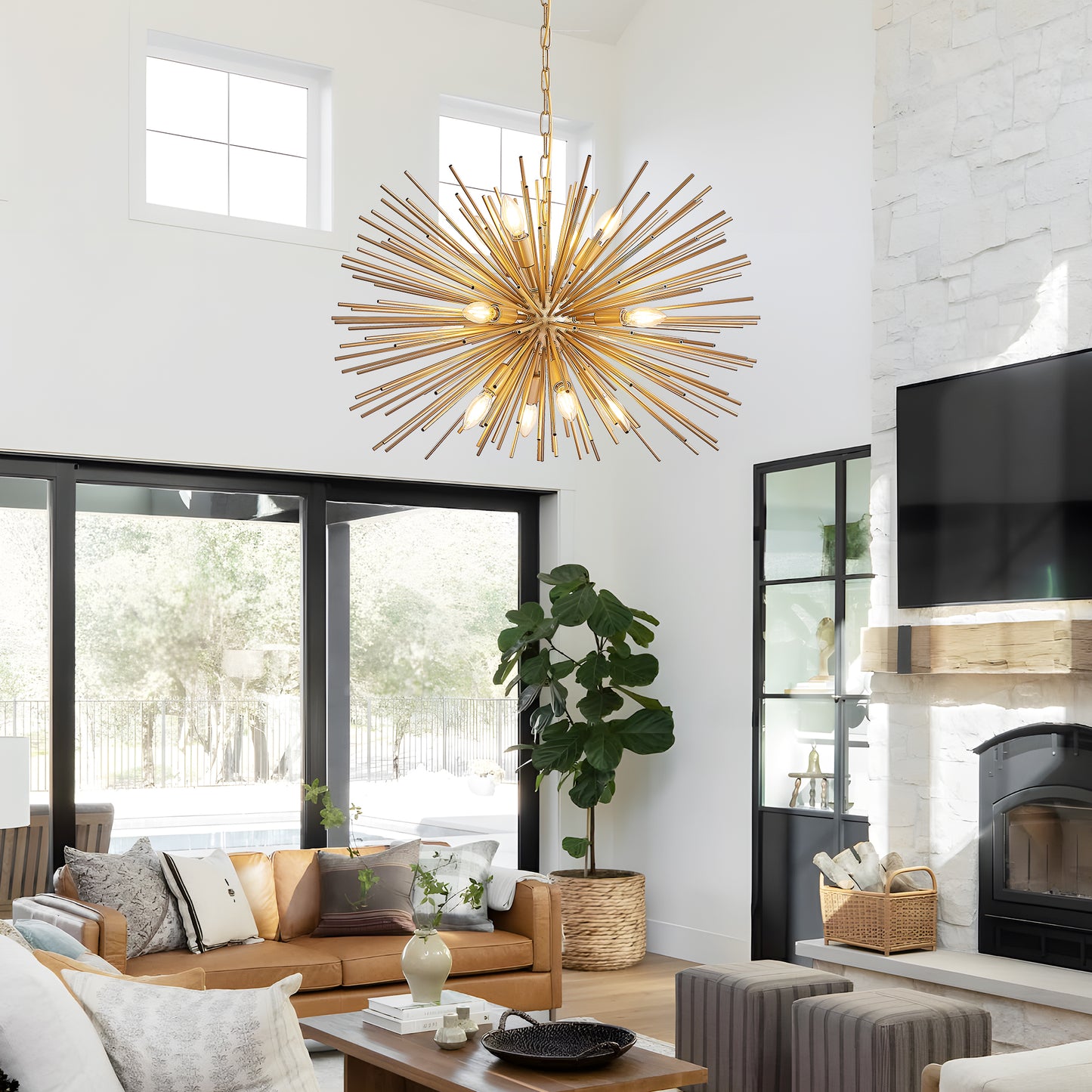 29" Mid-Century Modern 12-Light Starburst Chandelier – Gold Sputnik Pendant Light Fixture for Living Room, Dining Room, or Foyer (Bulb Not Included) image 4