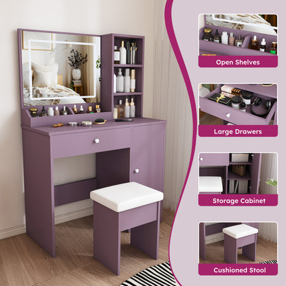 Stylish Vanity Desk Set with Padded Stool & Adjustable LED Lighted Mirror (3 Color Modes), Modern Bedroom Makeup Vanity Desk Combo, Purple image 8
