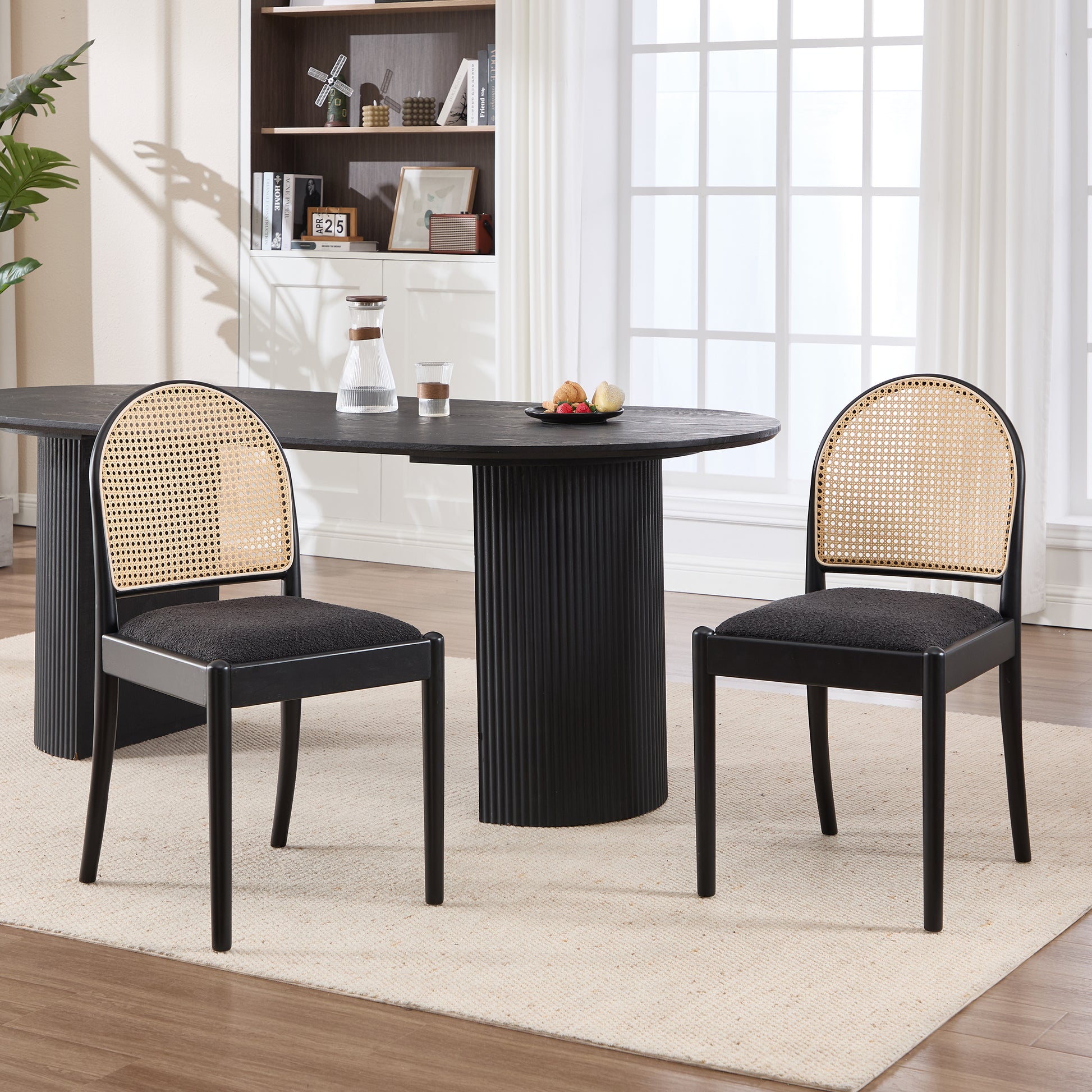 Rattan Dining Chairs Set of 2, Upholstered Linen Dining Room Chairs with Backrests, Modern Kitchen Chairs with Wood Legs for Dining Room, Black image 3