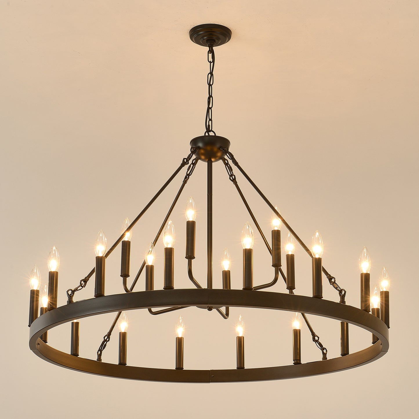 40'' 2 Tier Wagon Wheel Chandelier 16+6)22-Lights Farmhouse Industrial Country Style Round Pendant Light Fixture for Outdoor Porch high Ceilings Living Dining Room Foyer Entryway-BLACK image 12