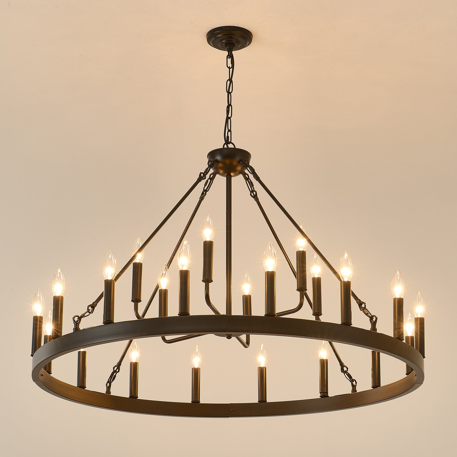 40'' 2 Tier Wagon Wheel Chandelier 16+6)22-Lights Farmhouse Industrial Country Style Round Pendant Light Fixture for Outdoor Porch high Ceilings Living Dining Room Foyer Entryway-BLACK image 12