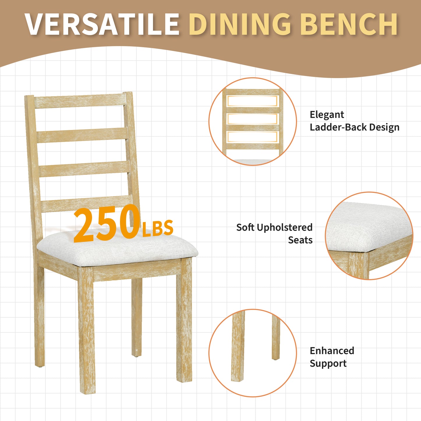 TOPMAX Farmhouse 6-Piece 60inch Extendable Pedestal Dining Table Set with 18inch Removable Leaf, 44inch Bench and 4 Ladder Back Dining Chairs, Natural+Beige(OLD SKU:SP000060AAA) image 6