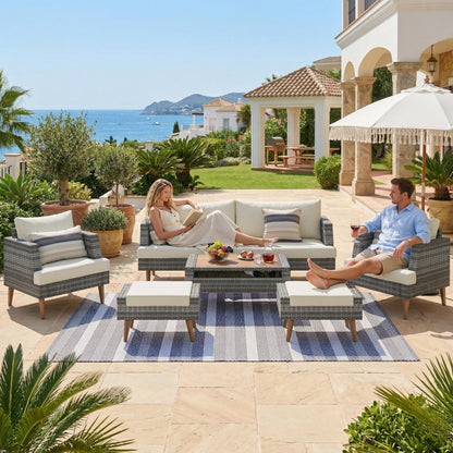<Old SKU: FG201219AAA> 6-Pieces All Weather PE Wicker Sofa Set, Outdoor Rattan sofa With Double Cushions, Wood Legs Wood Table Top, Beige and Gray image 3