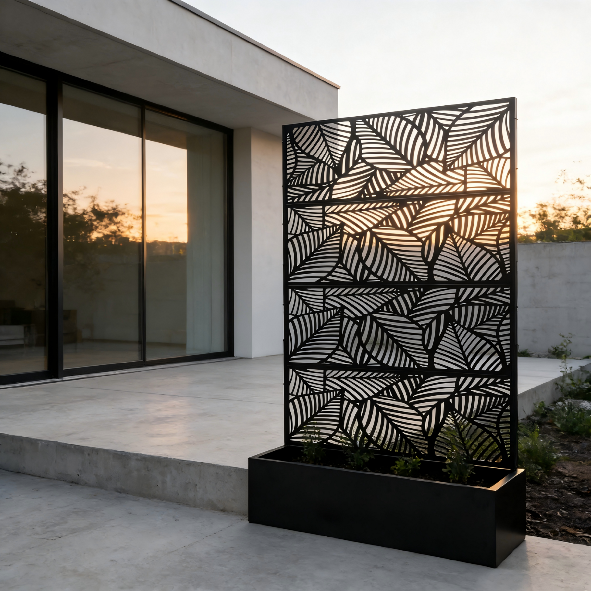 70.87" H × 46.06" W Leaf Pattern Privacy Screen with Planter Box, Black Metal Freestanding Decorative Fence Planter for Patio Balcony Backyard image 3