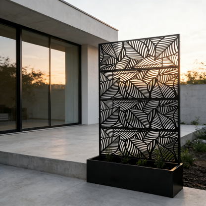70.87" H × 46.06" W Leaf Pattern Privacy Screen with Planter Box, Black Metal Freestanding Decorative Fence Planter for Patio Balcony Backyard image 3