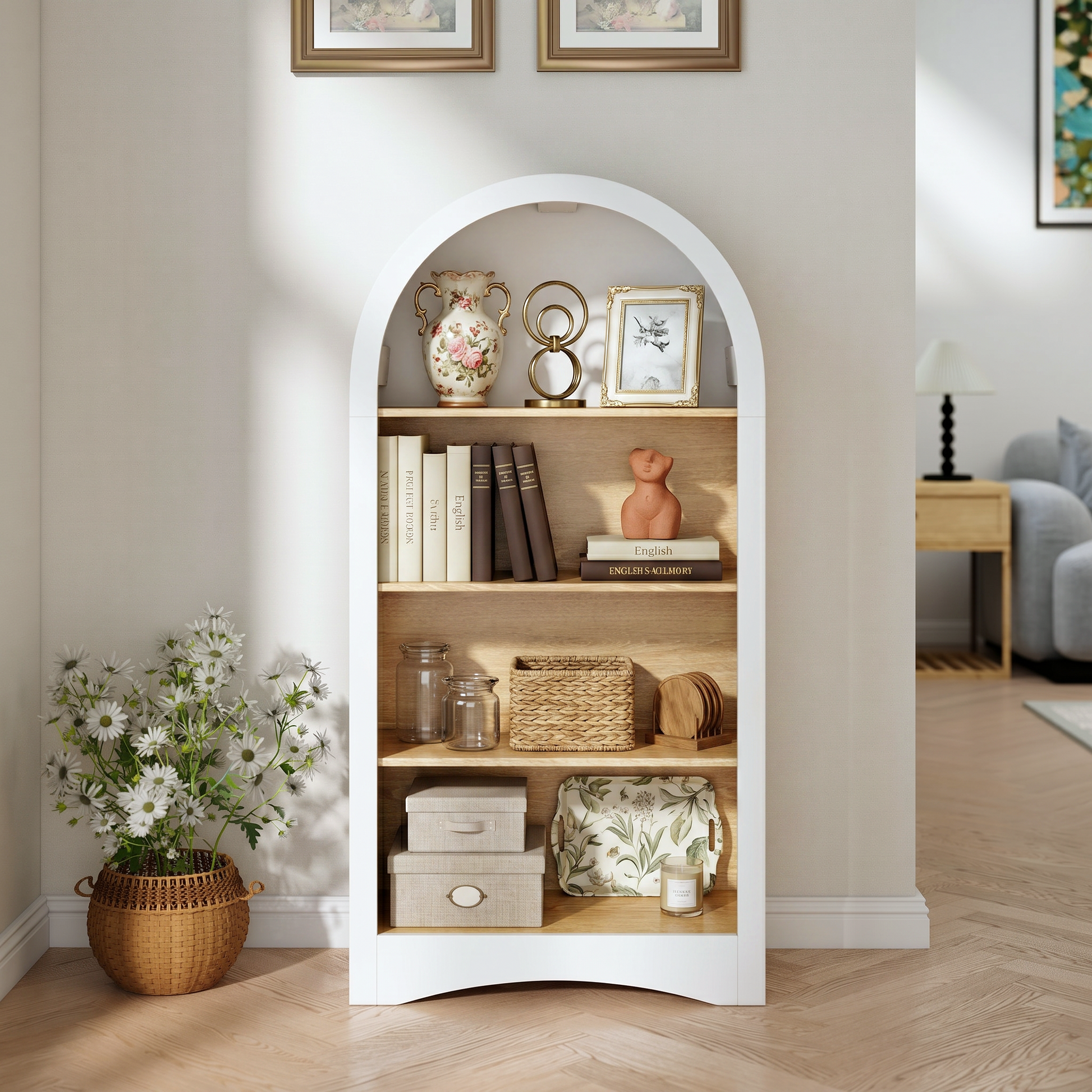 47" Freestanding Display Rack with Woodgrain Shelves, Arched Multifunctional Storage Cabinet, 4-Tier Open Shelf, Small Space Accent Bookcase for Living Room, Bedroom, Entryway,WHITE image 2