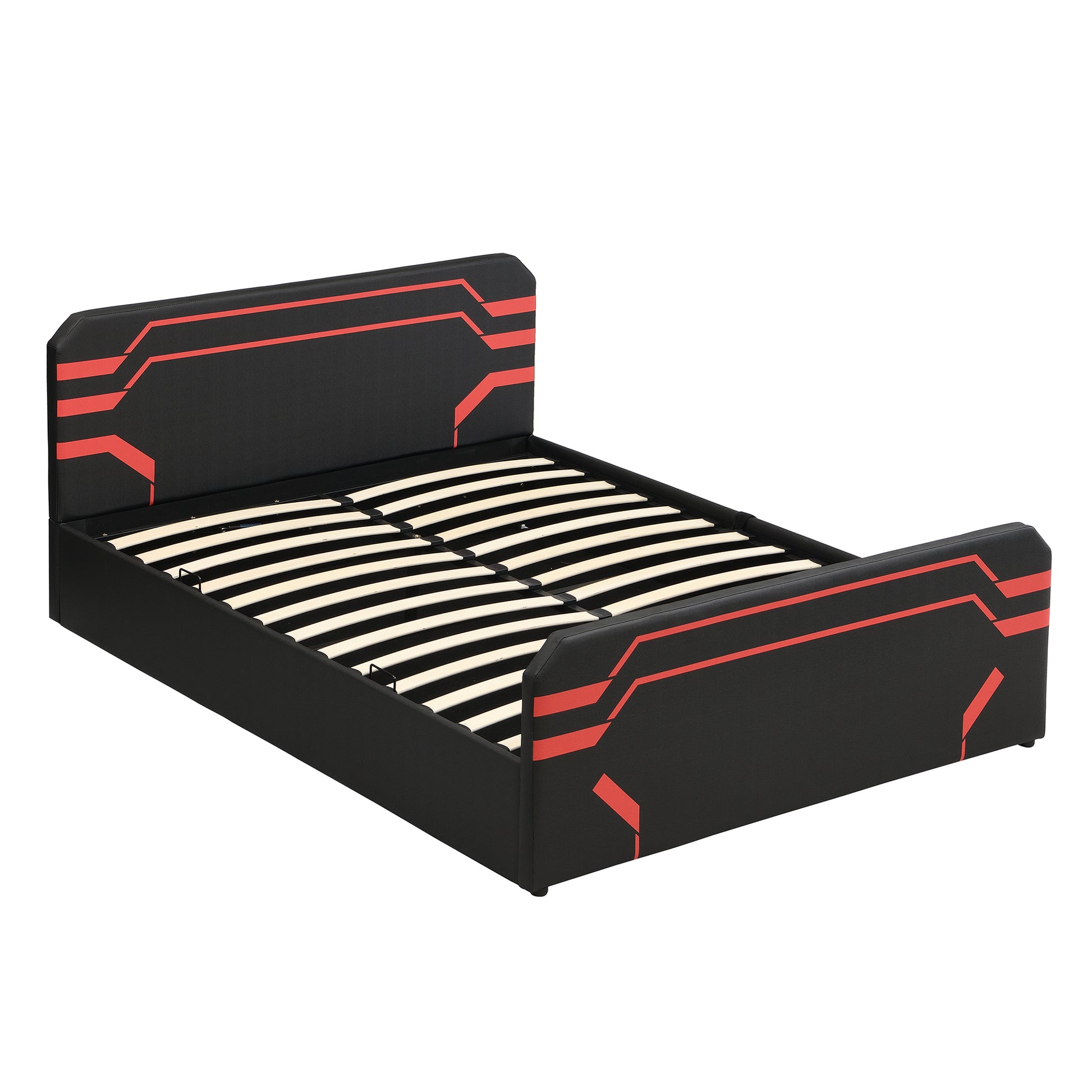 Queen Size Upholstered Gaming Bed with Side-Lift Hydraulic Storage System, Cyberpunk Style Platform Bed with Futuristic Pattern for Gamers & Gen Z, Black+Red image 6