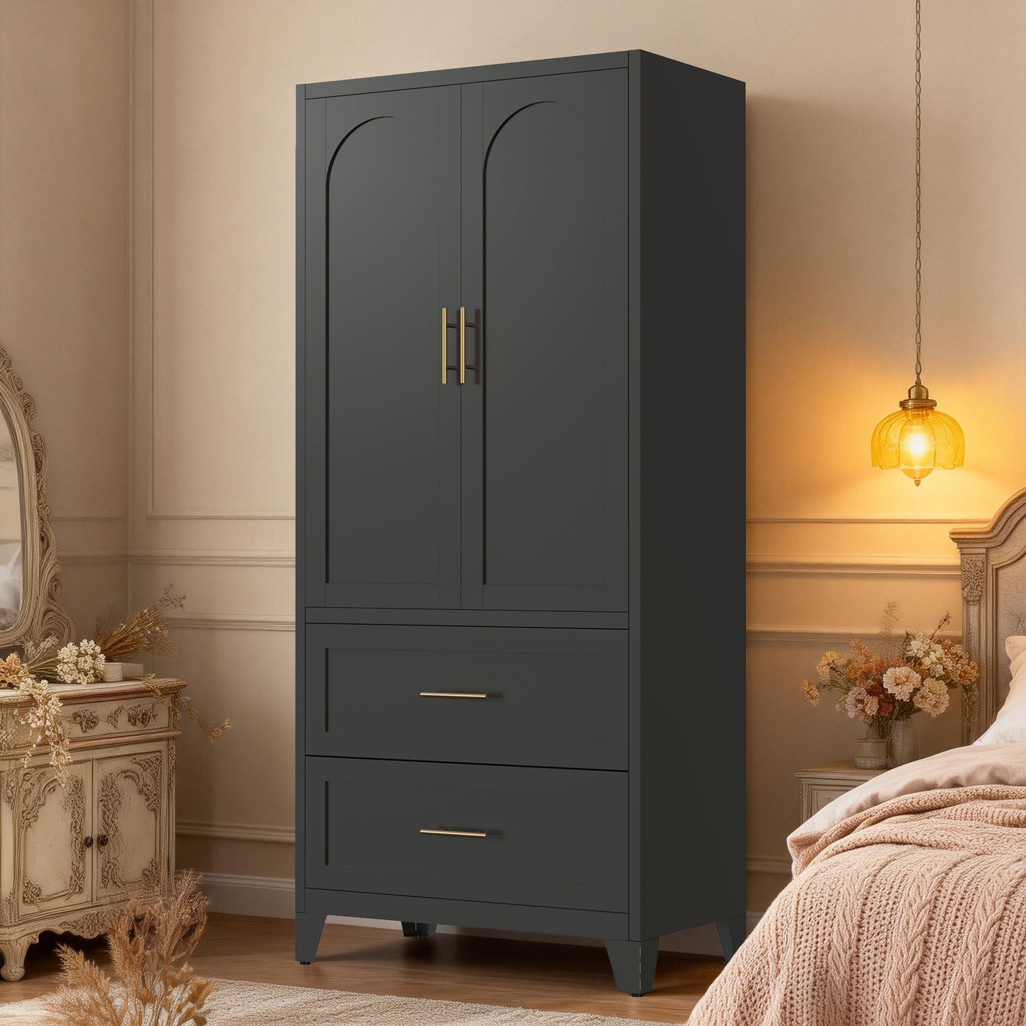 71" Tall Metal Wardrobe Cabinet with 2 Drawers and Hanging Rod, 2 Doors Wardrobe Closet with Shelf for Bedroom, Office, Laundry Room,Entryway,Foyer,Guesthouse (Black) image 1