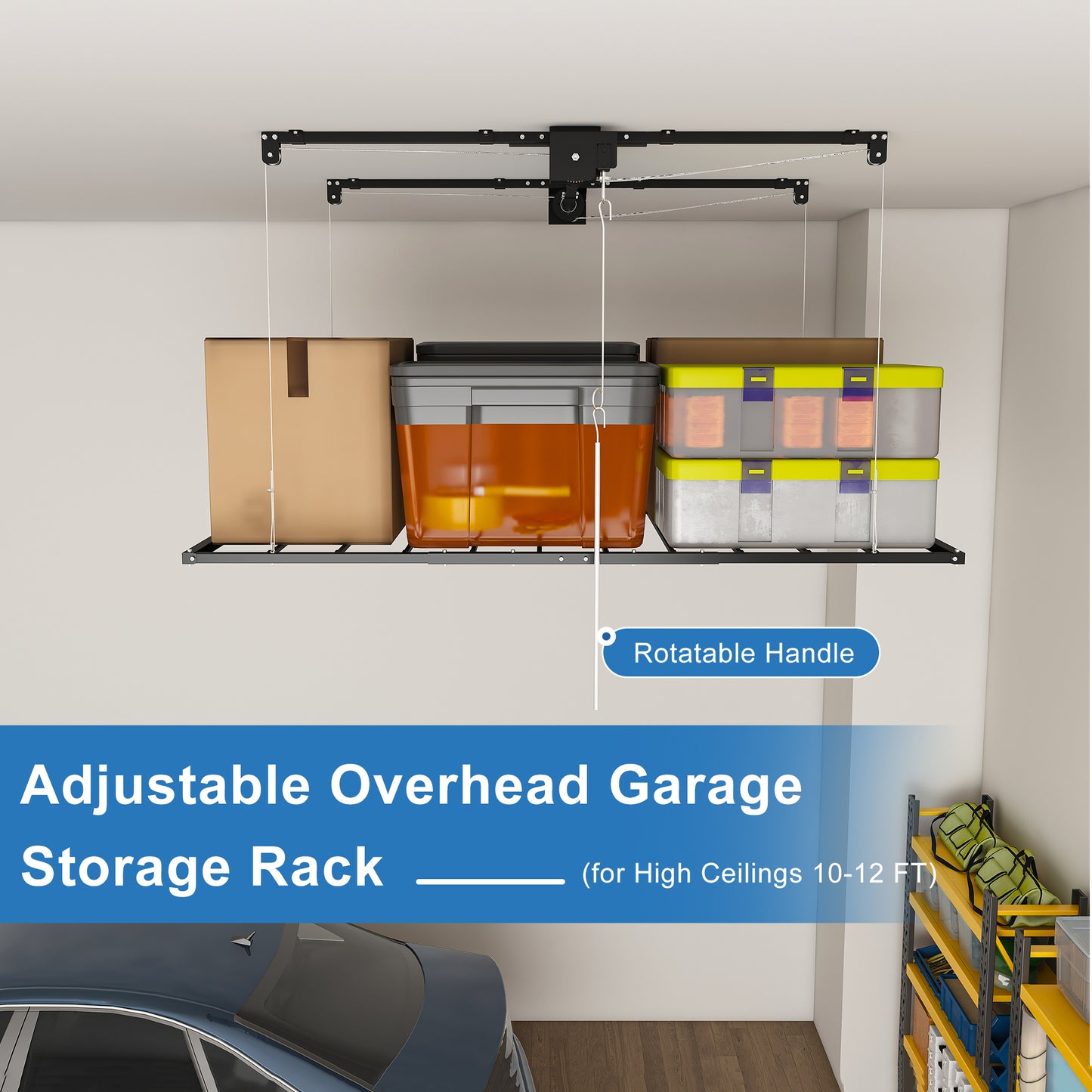Black Overhead Garage Storage Rack 3x6 FT for High Ceilings 10-12 FT, 370LBS Capacity All-Steel Construction with Safety Lock (Installation Required, Heavy-Duty Garage Organizer) RR image 2