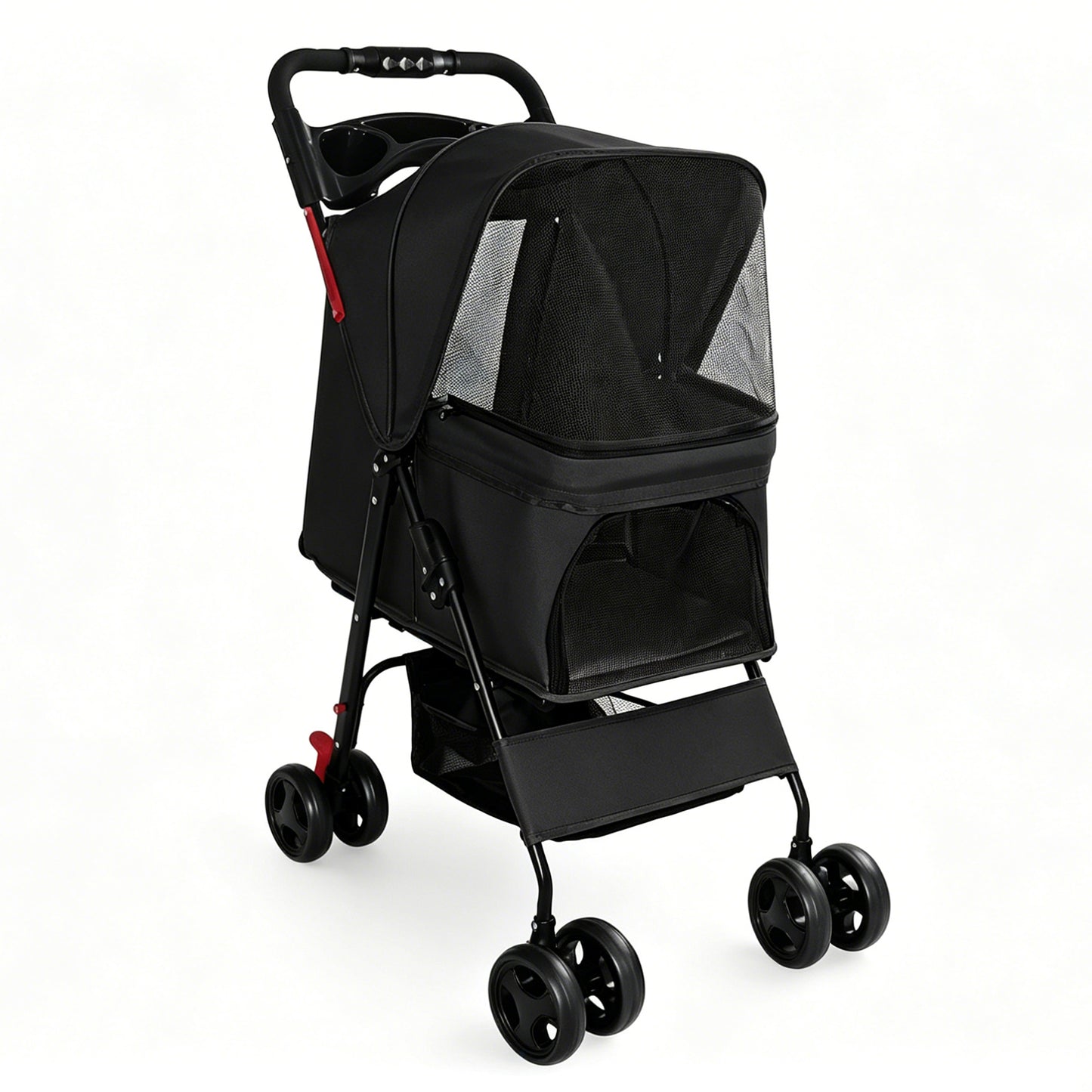 Foldable Pet Stroller for Small Dogs and Cats Under 28 lbs with Multi-Functional Tray, 2 Safety Leashes, Storage Basket & Breathable Mesh, 4 Wheels Pet Stroller, Black image 2