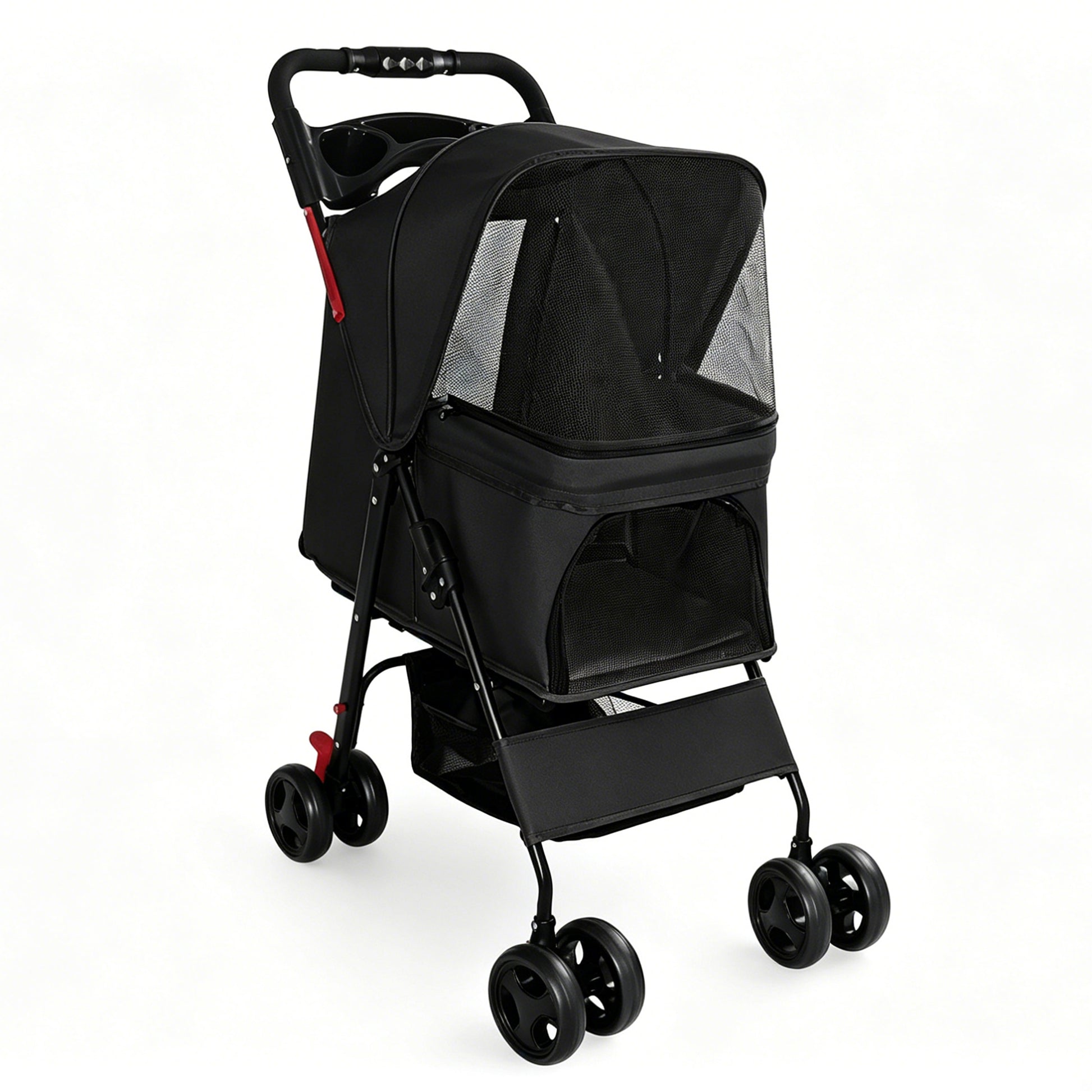 Foldable Pet Stroller for Small Dogs and Cats Under 28 lbs with Multi-Functional Tray, 2 Safety Leashes, Storage Basket & Breathable Mesh, 4 Wheels Pet Stroller, Black image 2