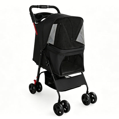 Foldable Pet Stroller for Small Dogs and Cats Under 28 lbs with Multi-Functional Tray, 2 Safety Leashes, Storage Basket & Breathable Mesh, 4 Wheels Pet Stroller, Black image 2
