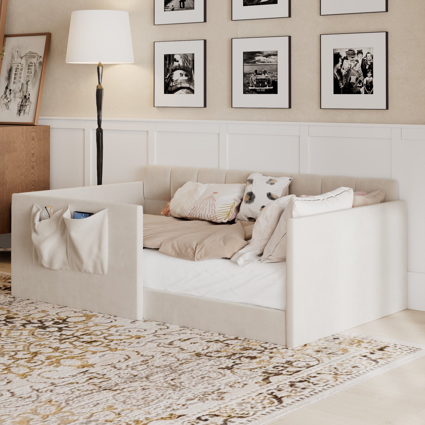 Twin Size Daybed Velvet Upholstered Sofa Bed with High Side Panels and Side Entrance, Space-Saving Guest Bed with Storage Pockets, Beige image 5