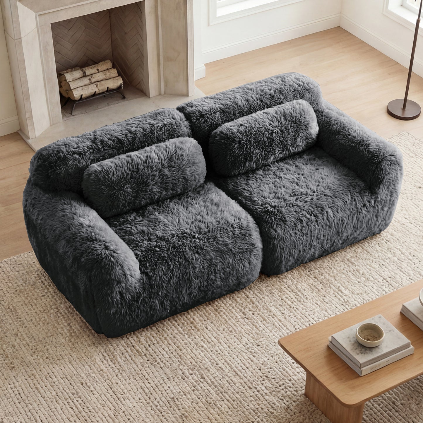 2-seater Modular Sectional Sofa Couches,Soft Fluffy Plush Fabric Bottom Anti-Slip Design,32D High Density Sponge,No Assembly Required Ergonomic Design,With Throw Pillows Fits Living Rooms,Dark Grey image 2
