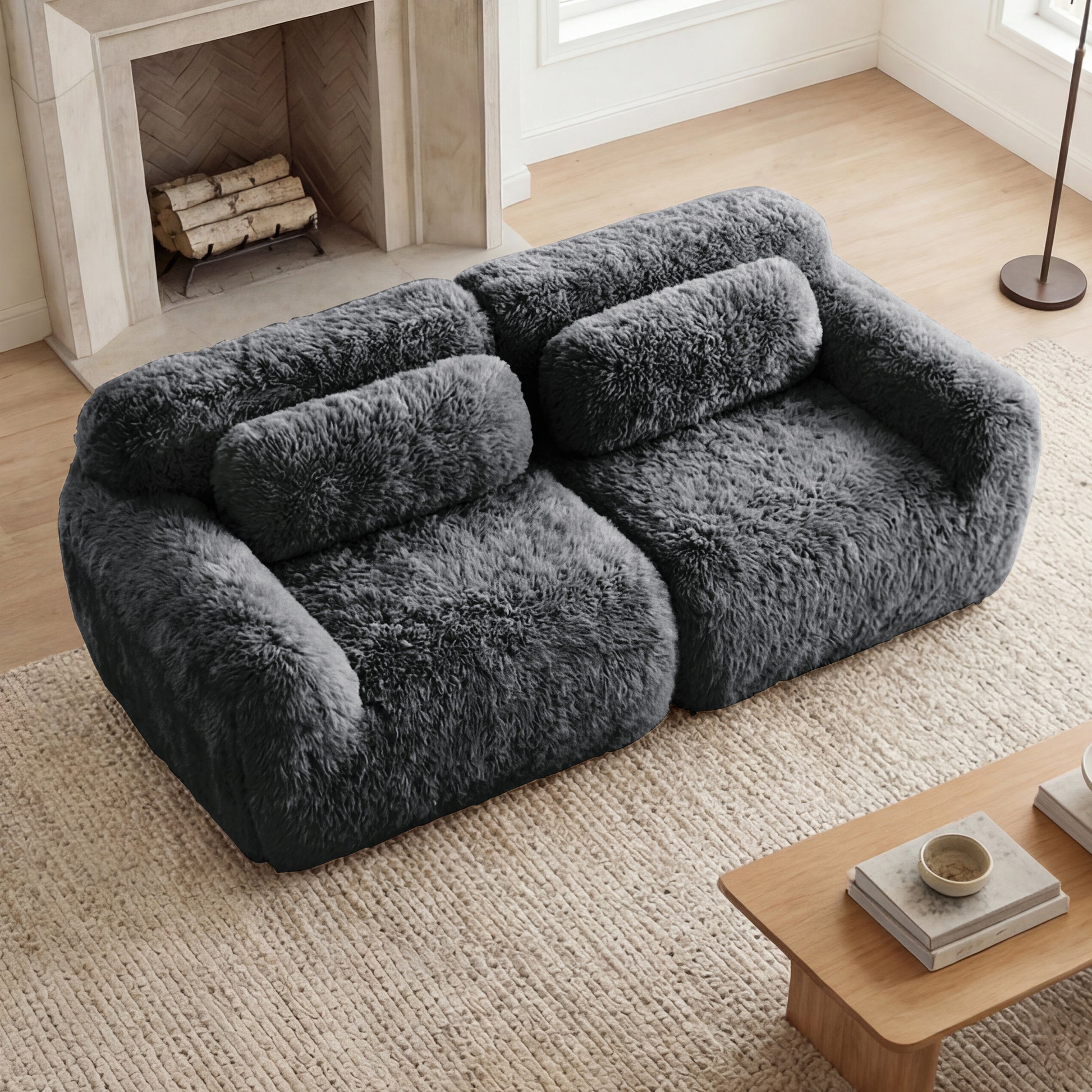 2-seater Modular Sectional Sofa Couches,Soft Fluffy Plush Fabric Bottom Anti-Slip Design,32D High Density Sponge,No Assembly Required Ergonomic Design,With Throw Pillows Fits Living Rooms,Dark Grey image 2