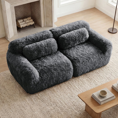 2-seater Modular Sectional Sofa Couches,Soft Fluffy Plush Fabric Bottom Anti-Slip Design,32D High Density Sponge,No Assembly Required Ergonomic Design,With Throw Pillows Fits Living Rooms,Dark Grey image 2