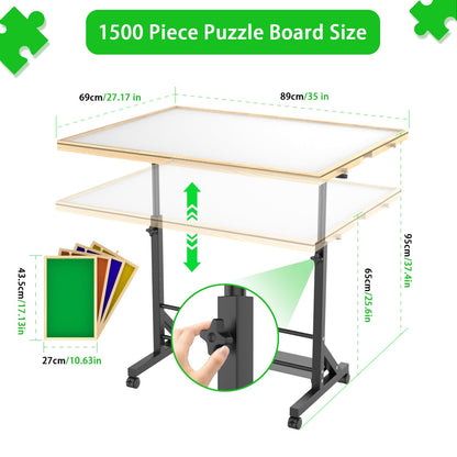 Wooden 1500 Piece Puzzle Table with Drawer, 35"*27.17" Adjustable Puzzle Table, 360° Tilting Puzzle Table with Legs and Wheels, Adjustable Height and Angle, with Protective Cover image 3