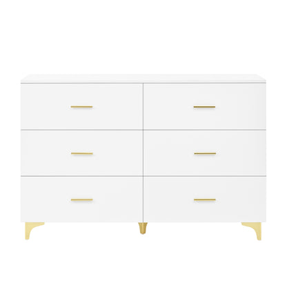 White 6 Drawer Dresser with Gold Handles & Metal Legs, Deep Storage Space, Modern Chest of Drawers, Wooden Dresser Tv Stand for TV Stand,Living Room, Hallway, Entryway image 3